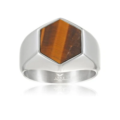 Anillo hexagonal marrón de acero inoxidable con ojo de tigre joyería para hombre - 16 mm talla 10 Foto 1 de 4