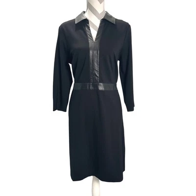Talbots Petite Black Knee Length Long Sleeve Dress Faux Leather Trim Career  16 - Image 1 of 4
