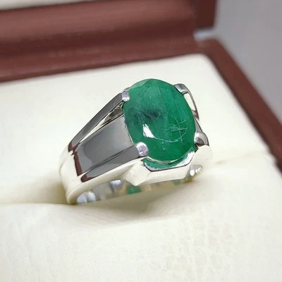 Mens Emerald Ring, Natural Beryl 925 Sterling Silver Ring, Zamurd Ring For Men - Image 1 of 4