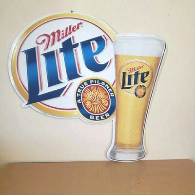 Miller Lite Large Tin Beer Sign 33"×32" Glass Of Pilsner Embossed Man Cave Bar - Image 1 of 4