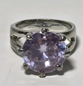Vtg Purple Faceted Glass Silver Plated Double Shank Solitaire Ring Sz 5.25 (J2) - Imagen 1 de 6