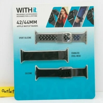 Withit Apple Watch Bands 3 Pack, Sport Silicone/Stainless Steel Mesh 42mm 44mm - Image 1 of 4