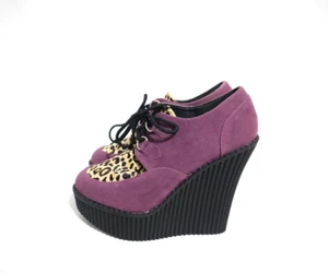 Demonia Womens Size 6 Plum + Animal Print Combo Lace Up Platform Wedge Shoes - Picture 1 of 6