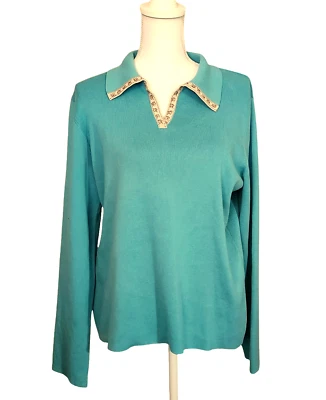 Pendleton Pullover Top V-Neck w/ Ribbon Trim Ribbed Cotton Aqua Womens XL - Image 1 of 4