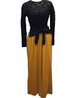 Maxi Vestido Años 60 Negro Metálico Encaje Amarillo Terciopelo Mod Jr. Sofisticates S/M Foto 1 de 4