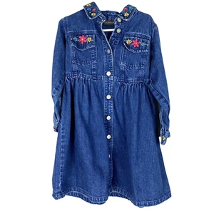 Copper Key Little Girls Button Front Embroidered Denim Dress Dark Blue Flowers - Picture 1 of 8