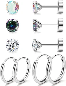 Titanium Earrings for Sensitive Ears - 20G Studs and Hoops with Cubic Zirconia, - Picture 1 of 12