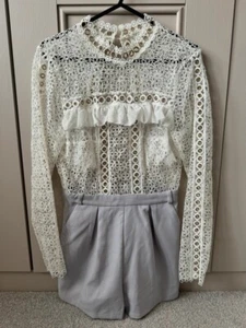 True Decadence Petite crochet open back playsuit in white/grey - size 4 BNWT - Picture 1 of 5
