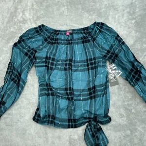 Vince Camuto Womens Plaid Smocked Top With Side Tie M Blue & Black NWT 3606 - Picture 1 of 9