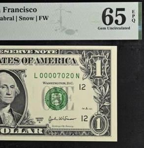 2003A $1 Federal Reserve Note PMG 65EPQ wanted birthday fancy serial number 7020 - Picture 1 of 3