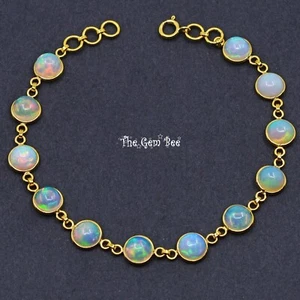 Brazalete de cadena de bisel redondo de ópalo de gelatina natural de oro amarillo de 18 quilates de 7 pulgadas de largo - Imagen 1 de 8