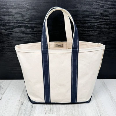 Bote y bolso de mano LL Bean de colección - asas blanco roto/azul marino - 11,5" de alto Foto 1 de 4