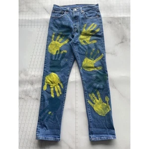 Levi's 501 Size 28x29 Girls Blue Painted Straight Leg Med Wash Denim Jeans - Picture 1 of 16