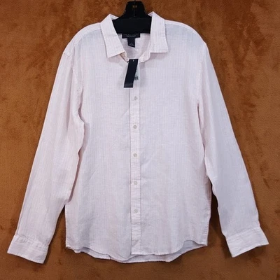 BLOOMINGDALES Shirt Mens Large Peach Pink Stripe Button Long Sleeve 100% Linen - Image 1 of 4