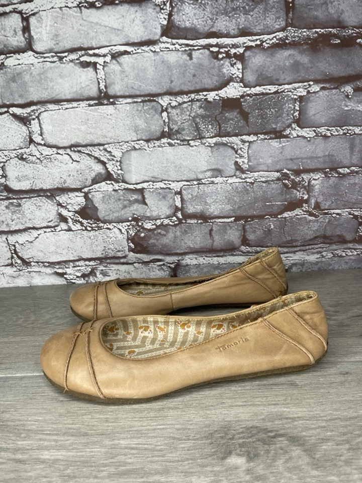 Zapatos planos de ballet de cuero marrón tostado Tamaris bailarinas para mujer talla 39EU/8,5M EE. UU. Foto 1 de 4