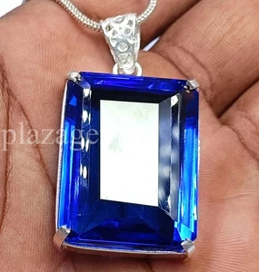 Natürlicher blauer Saphir 94,25Ct Smaragdschliff Anhänger EGL frei 925 Silber Kette 5ARY - Bild 1 von 16