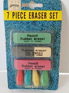 Vintage Pencil Erasers RUBBER 7 Piece Pack Sealed LOVETT NEEDHAM MA 1970's Nos - Picture 1 of 12