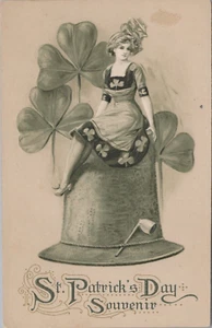 St Patrick's Day Woman Sitting On Giant Top Hat Pipe Embossed c1910 postcard DQ6 - Picture 1 of 2