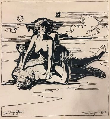 ART NOUVEAU Drawing ~ GERMAN JUGENDSTIL ~ 1902 Listed Artist BEACH LOVERS - Image 1 of 4