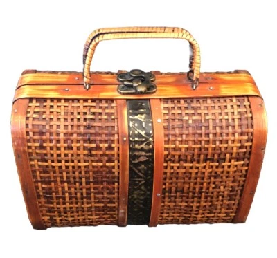 Wicker Rattan Wood Small Case W/ Metal Accents Trim Craftsman Handbag Purse - Image 1 of 4