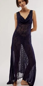 Free People Sheer Naked Silk Embroidered Cowl Handkerchief Hem Maxi Dress Blue L - Picture 1 of 12