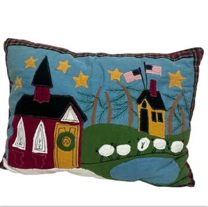 Wilson & Wilson Americana Folk Art Patchwork Pillow Scenic Cottagecore 15x10 - Picture 1 of 10