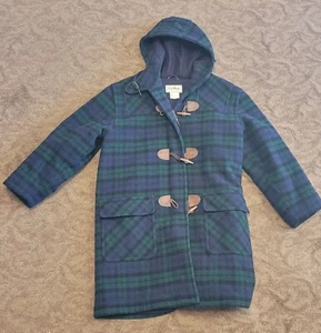 Vintage 80s LL Bean Duffle Over Coat WOOL Women's size Large Blue Green Plaid - Picture 1 of 7