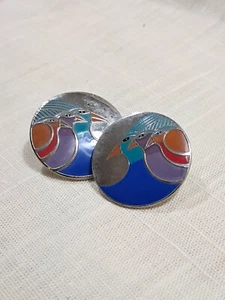 Vtg Signed Laurel Burch Celestal Birds Enamel Brooch with Post Earrings VUT - Picture 1 of 4