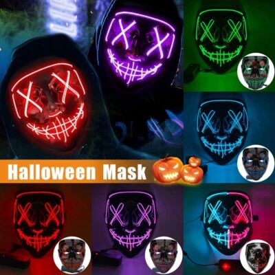 Halloween Purge Maske, Horror Neon Karneval LED Leucht für Cosplay Feste Party - Bild 1 von 4