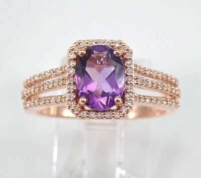 14K Rose Gold Diamond and Oval Purple Amethyst Halo Engagement Ring Size 7 - Image 1 of 4