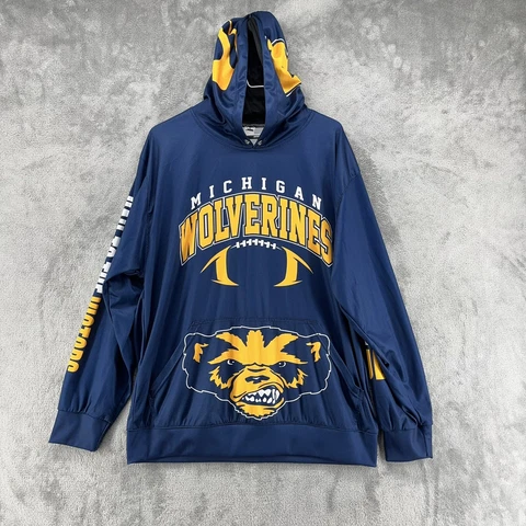 Michigan Wolverines Hoodie Mens L Blue All Over Print Pocket Sleeve Spell Out Cover