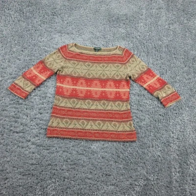 Suéter Lauren Jeans Co Mujer Pequeño Rojo Beige Tejido Azteca Lino Algodón Pullover Foto 1 de 4
