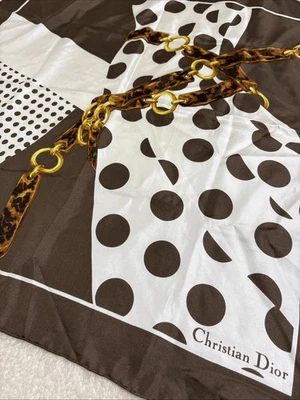 迪奥丝绸围巾 26 英寸棕色白色圆点链方形 — 第 1/4 张图片
