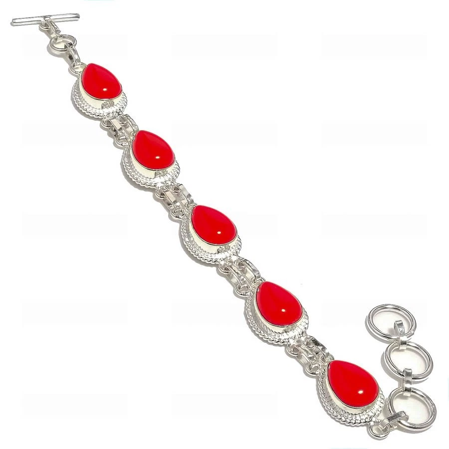 Brazalete de joyería de plata de ley 925 hecho a mano con piedras preciosas de coral rojo tamaño 7-8" Foto 1 de 1