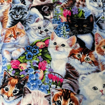 Curious Kitten & Flowers Jenny Newland Cotton Cat Fabric Quilting Crafts 3 Yds - Image 1 of 4