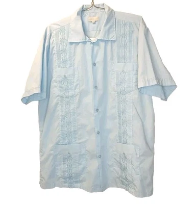 Silver Crest Cuban Cigar Shirt 2X Embroidered Pleated Button Pocket Baby Blue  - Image 1 of 4