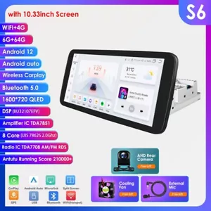 Single 1 DIN Rotatable 10.3'' Android 12 Touch Screen Car Stereo Radio GPS 6+64G - Picture 1 of 24