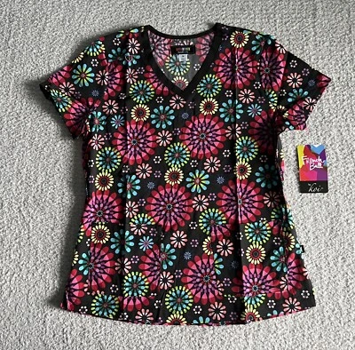 Koi French Bull Scrub Top Women’s Medium Black Festival Floral Nursing Medical - Image 1 of 4