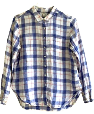 Woman L.L. Bean Plaid Button Down Shirt L/S Size Medium Petite Pink Blue Linen - Imagem 1 de 4