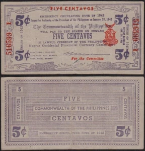 PHILIPPINES Commonwealth 5 C P-S640 1942 Negros Occidental UNC Emergency WW NOTE - Picture 1 of 3