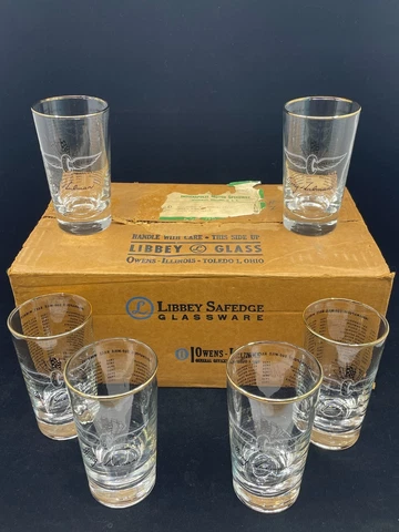 Set of 6 Vintage 1958 Indianapolis Indy 500 Winners Glasses Gold Rim Libbey Cover