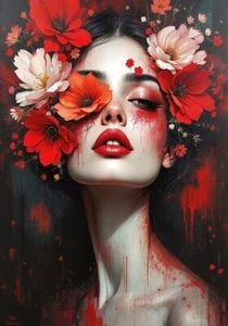 XL Leinwandbilder Weibliche Frauen Rote Blumen Flora 02 Modern Portrait Fine Art - Picture 1 of 3