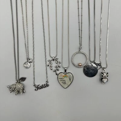 Necklace Lot Silver Tone Pendant Chain Mix Elephant Heart Owl Faith Jewelry Set - Image 1 of 4