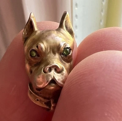 Antique 10k Gold Boxer Pitt Bull Dog Pin Tie Tac Lapel Pin Tourmaline Gem Eyes - Image 1 of 4