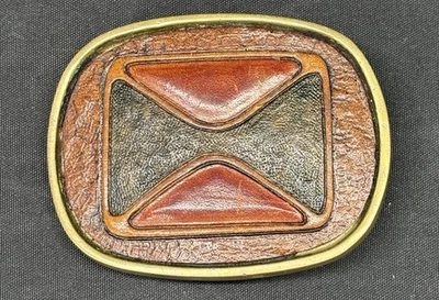 Vintage Brass Belt Buckle with Leather Inlay – Western Geometric Style - Image 1 of 4