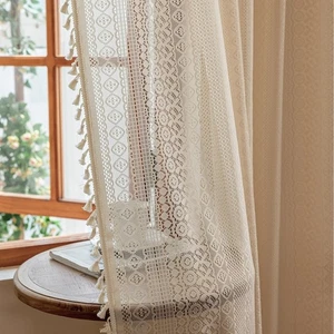 Boho Curtain 63 Inch Length 1 Panel Geometric Stripes Crochet Bohemian Lace C... - Picture 1 of 7