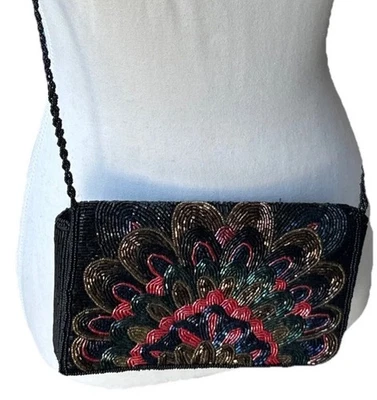 VTG Small Black Colorful Beaded Sequin Peacock Evening Bag Purse Retro Dressy - Image 1 of 4