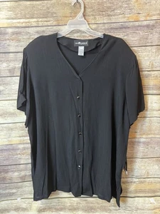 Sag Harbor Woman Top 2X Black Crepe Wrinkle Short Sleeve Button Front NWT - Picture 1 of 4