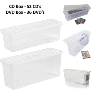 Wham Crystal CD DVD Storage Shelf Box Plastic Clear Box with Lid -52 CDs 36 DVDs - Picture 1 of 6