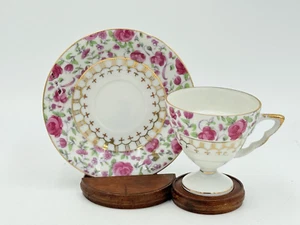 Vintage Footed Cup & Saucer Set Bone China Pink Roses Gold Gilt And Trim Japan - Picture 1 of 9